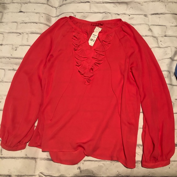 red ruffle front blouse